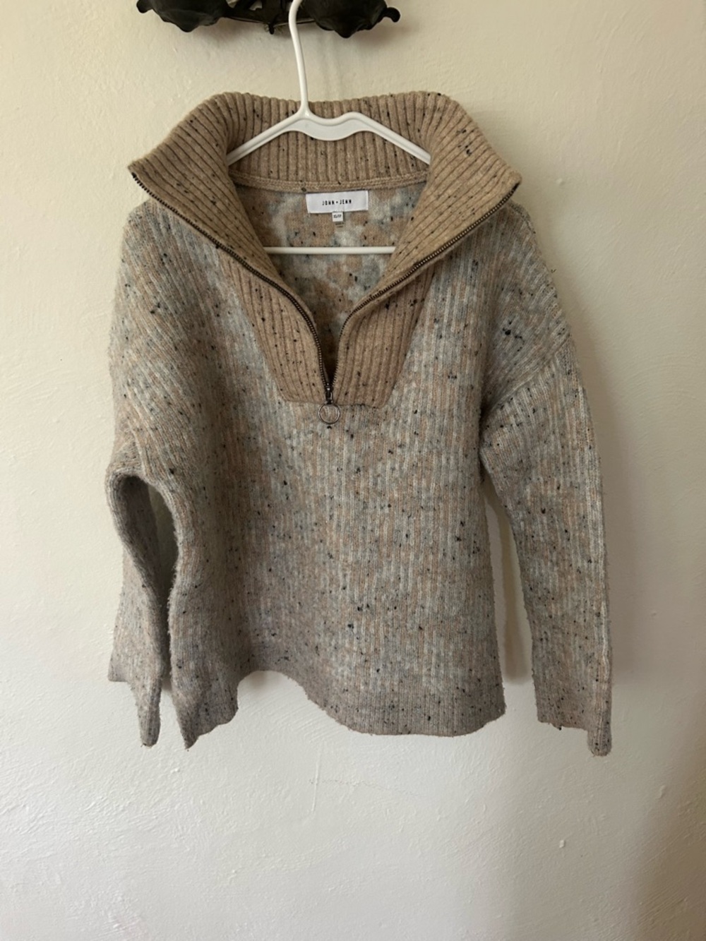 Anthropologie John + Jenn Taupe Speckled Cowl Zip Sweater